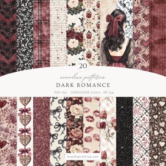 Dark Romance - Seamless Patterns, Gothic Valentine, Burgundy Black Lace Floral Cottagecore | 20 JPEG