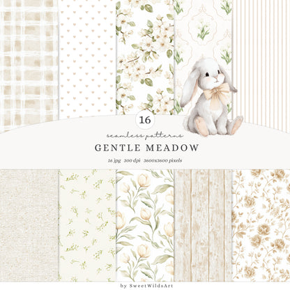 Gentle Meadow - Seamless Patterns, Spring Floral, Neutral Gingham Pattern, Pastel Papers, Nursery | 16 JPEG