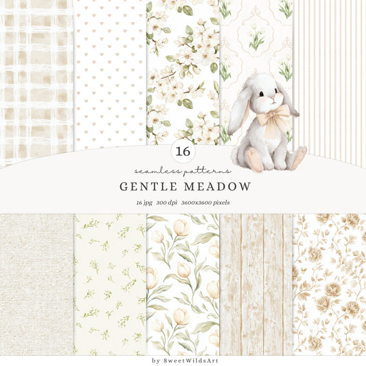 Gentle Meadow - Seamless Patterns, Spring Floral, Neutral Gingham Pattern, Pastel Papers, Nursery | 16 JPEG