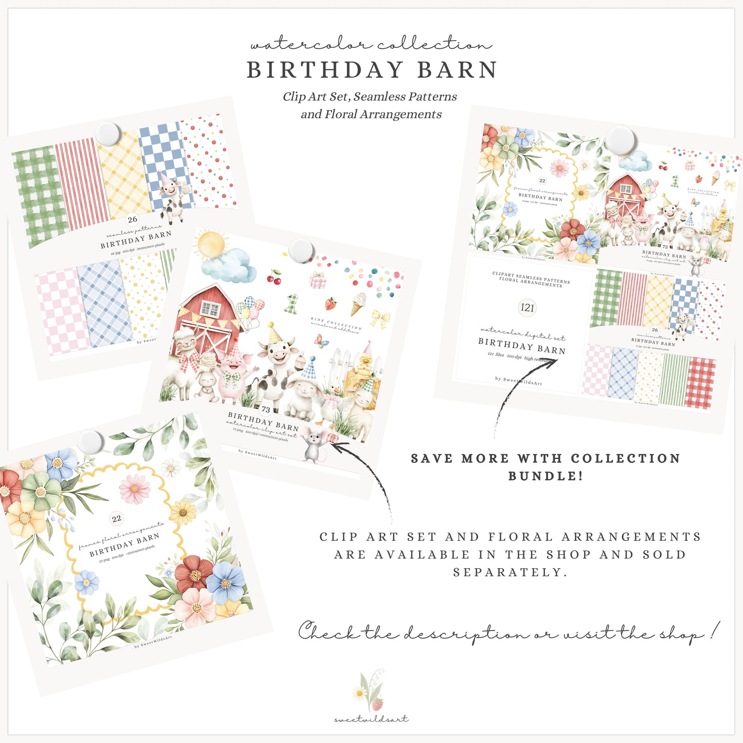 Birthday Barn - Seamless Patterns, Colorful Gingham Stripes Polka Dot | 26 JPEG