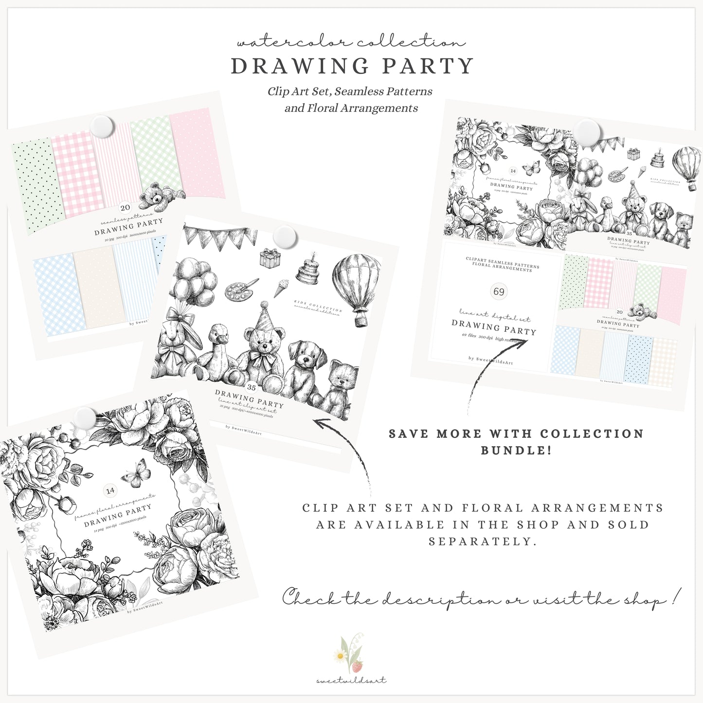 Drawing Party - Seamless Patterns, Kids Gingham Polka Dot Striped | 20 JPEG