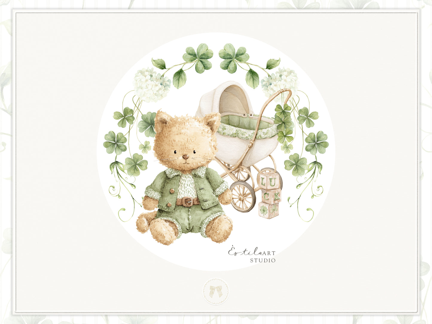 Lucky Atelier - Clipart, St Patrick’s Day Nursery, Irish Baby Toys, Clover, Green Vintage Children | 100 PNG/JPEG