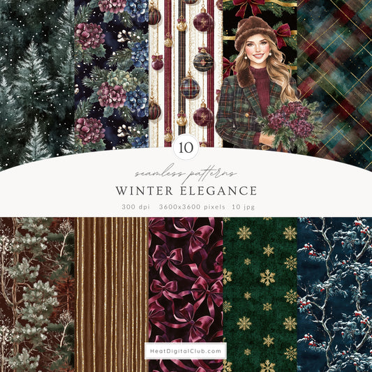 Winter Elegance - Watercolor Seamless Patterns, Moody Christmas Tartan, Holiday | 10 JPEG