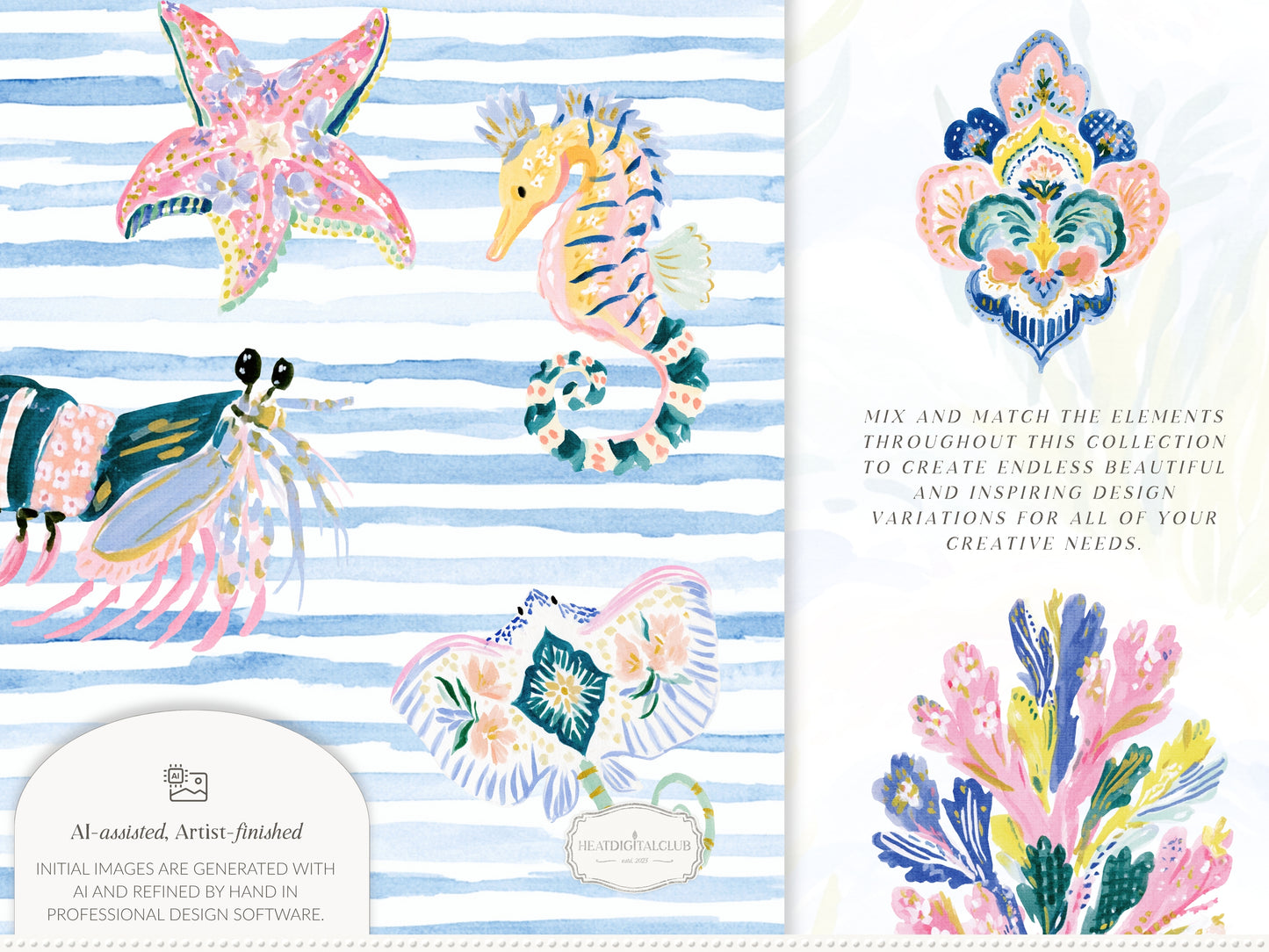 The Preppy Sea - Watercolor Clipart Bundle, Tropical Reef, Sea Creatures, Summer Beach | 143 PNG/JPEG