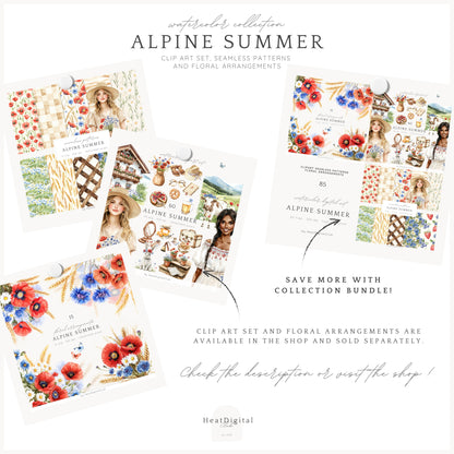 Alpine Summer - Seamless Patterns, Countryside Wildflower, Poppies | 10 JPEG