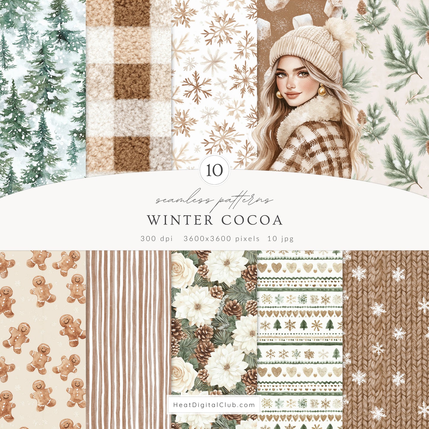Winter Cocoa - Watercolor Clipart & Patterns Collection, Elegant Cozy Christmas | 93 PNG/JPEG