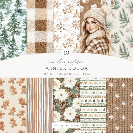 Winter Cocoa - Seamless Patterns, Cozy Elegant Christmas | 10 JPEG