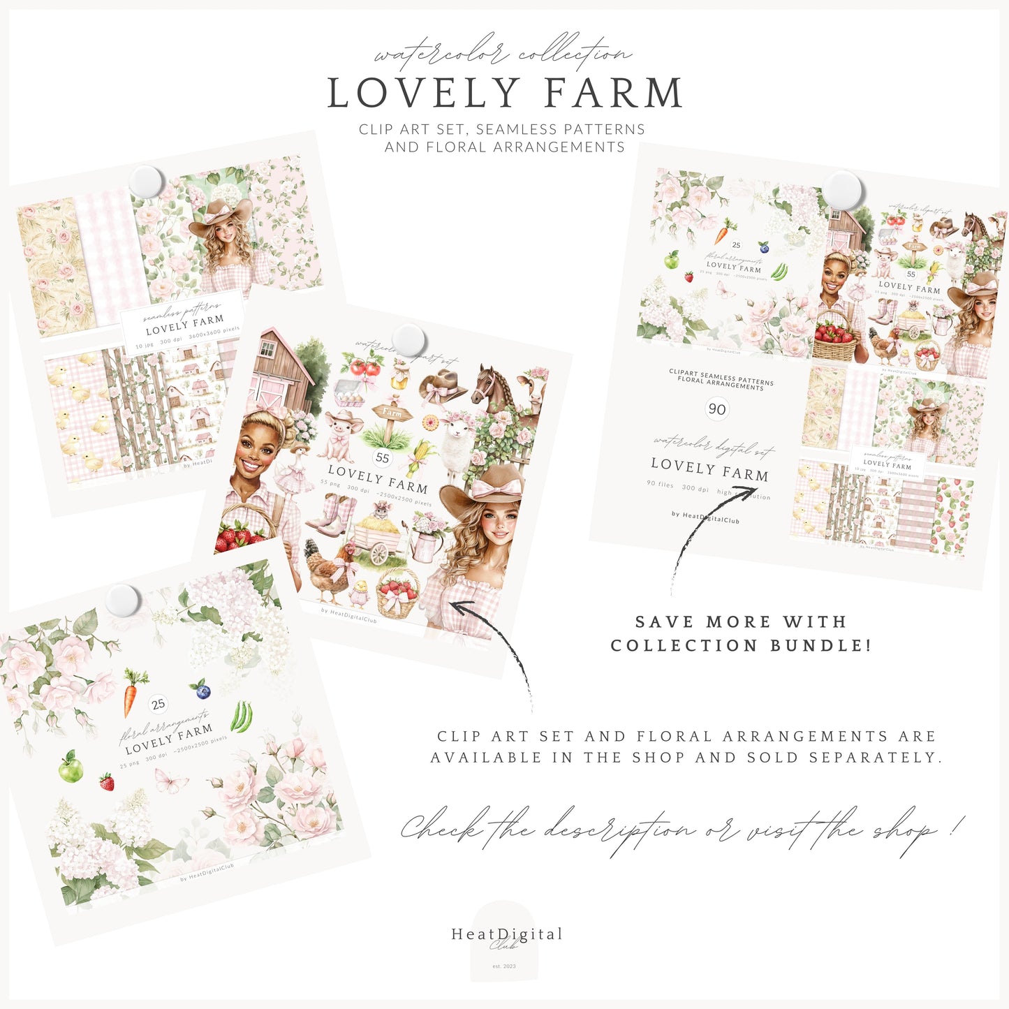 Lovely Farm - Seamless Patterns, Pink Gingham Strawberry, Pastel Country | 10 JPEG