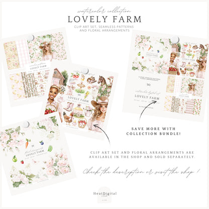 Lovely Farm - Seamless Patterns, Pink Gingham Strawberry, Pastel Country | 10 JPEG