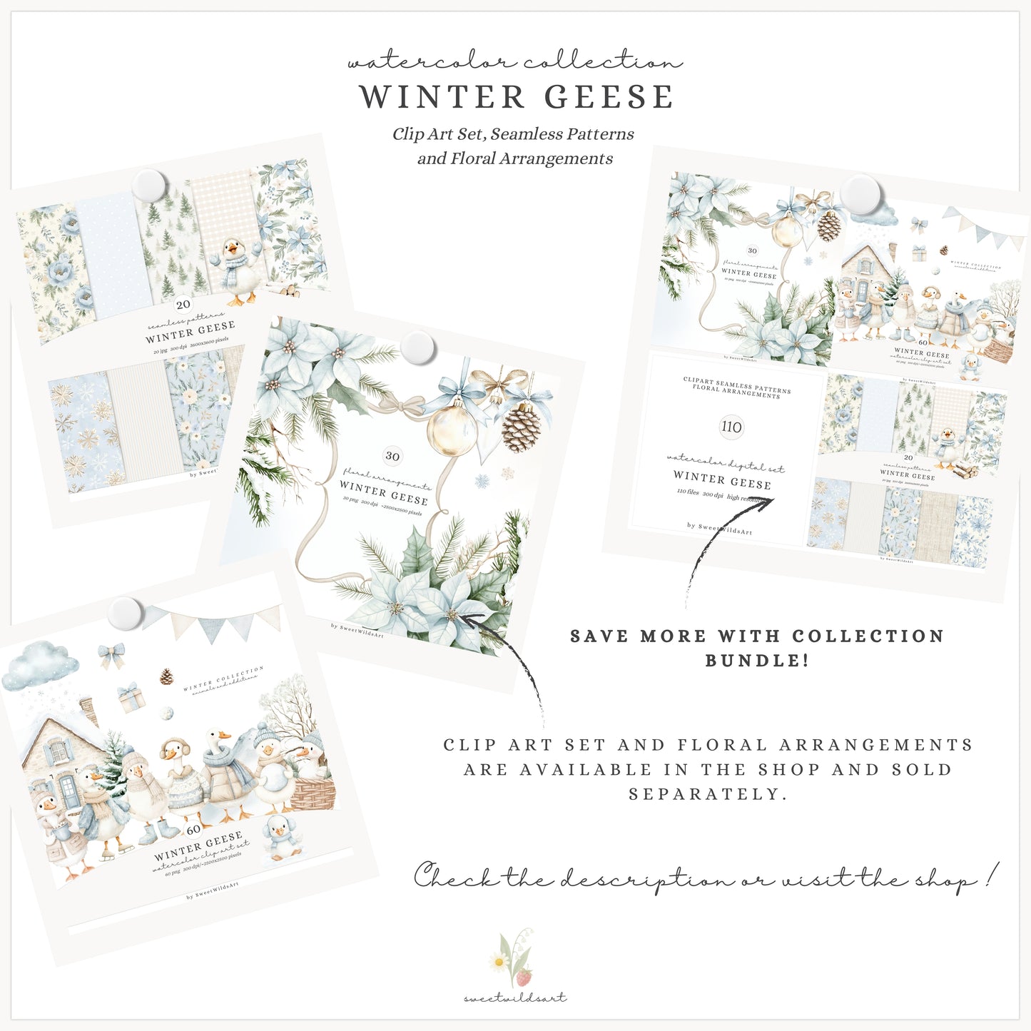 Winter Geese - Winter Seamless Patterns, Soft Blue Beige Plaid, Stripes | 20 JPEG
