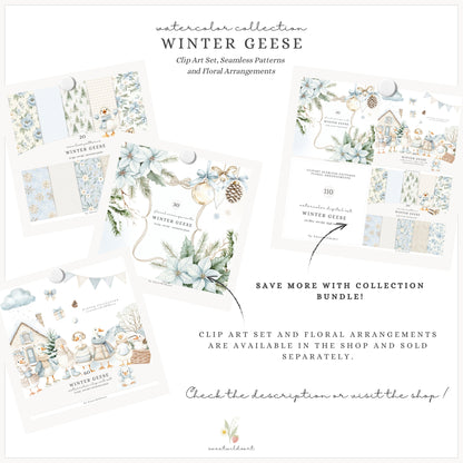 Winter Geese - Winter Seamless Patterns, Soft Blue Beige Plaid, Stripes | 20 JPEG