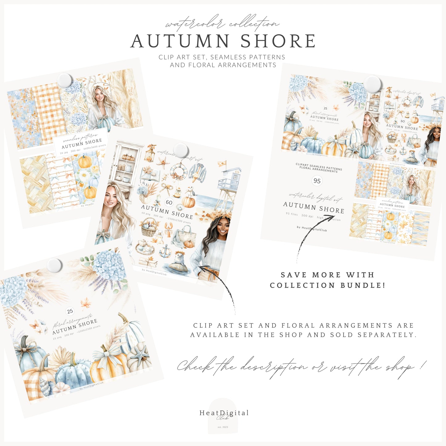 Autumn Shore - Seamless Patterns, Coastal Fall, Blue Orange Pumpkin | 10 JPEG