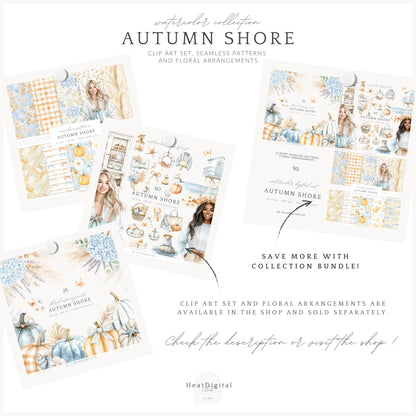 Autumn Shore - Seamless Patterns, Coastal Fall, Blue Orange Pumpkin | 10 JPEG