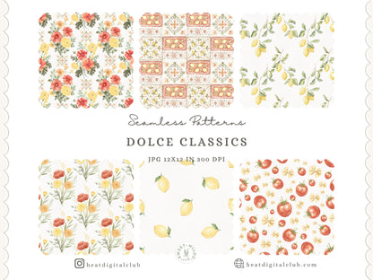 Dolce Classics - Italian Seamless Patterns, Italian Lemon Tile, Dolce Vita Backgrounds, Gingham Stripe | 14 JPEG