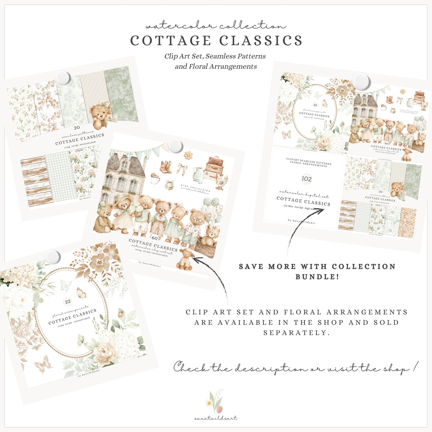 Cottage Classics - Seamless Patterns, French Countryside Elegant Gingham Floral, Rustic |