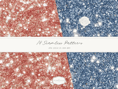 Quiet Americana - Seamless Patterns, Patriotic, 4th of July, Vintage Floral Stripe Quilt, Soft Red Blue Patterns | 14 JPEG