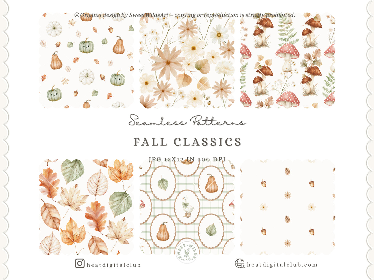 Fall Classics - Seamless Patterns, Gingham, Mushrooms, Pumpkins, Goose, Leaves, Rustic Nursery | 10 JPEG