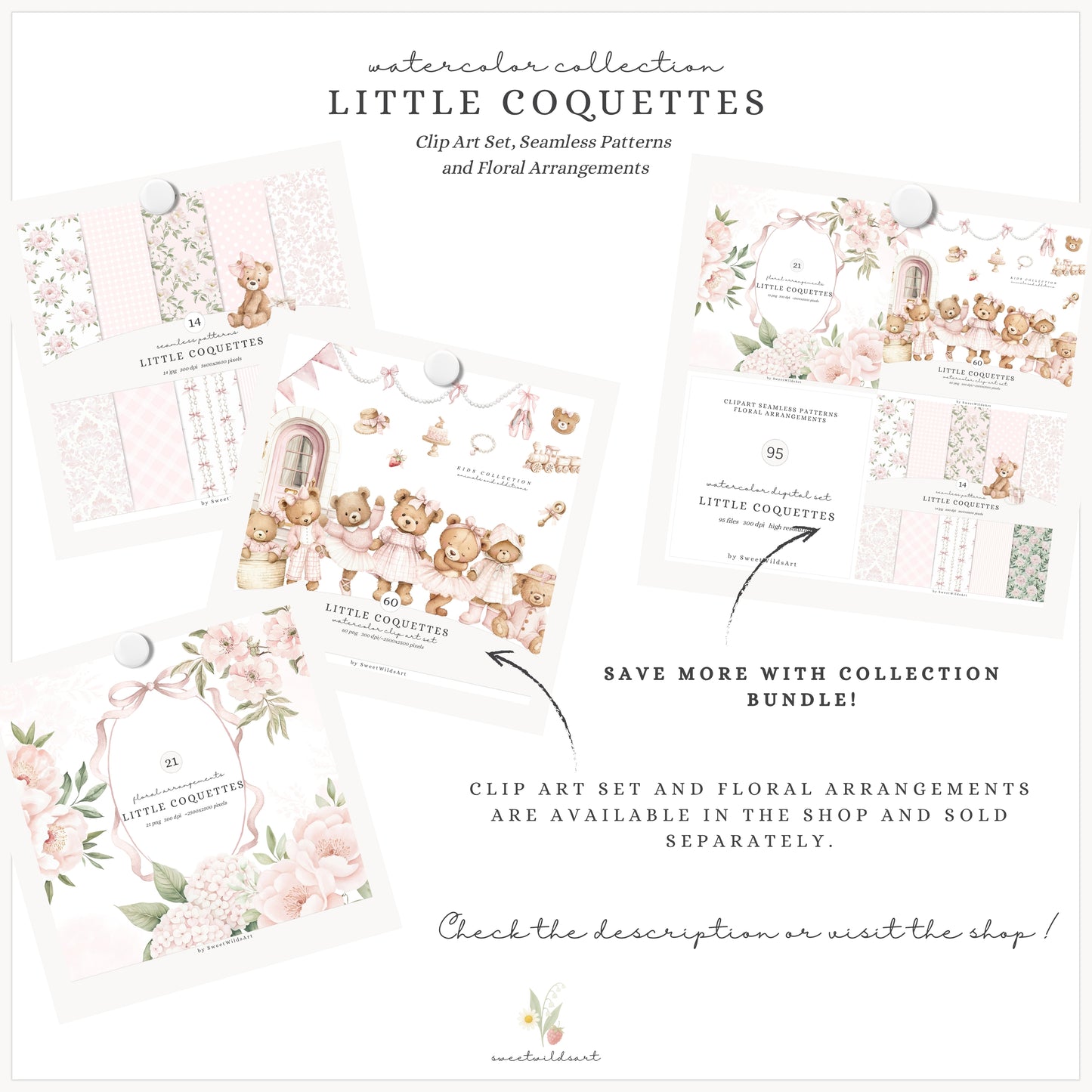 Little Coquettes - Seamless Patterns, Pink Gingham & Floral, Coquette, Baby Girl | 14 JPEG