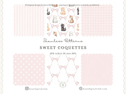 Sweet Coquettes - Seamless Patterns, Pink Digital Paper, Gingham Stripes Floral Patterns, Baby Girl | 10 JPEG
