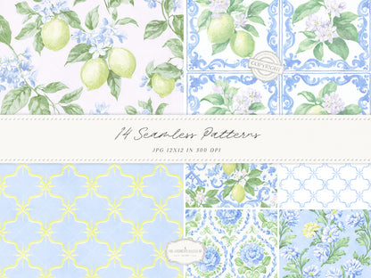 Grandmillennial Set 6 - Seamless Patterns, Italian Lemon Floral, Blue Yellow Tile, Plaid Digital Repeating Pattern | 14 JPEG