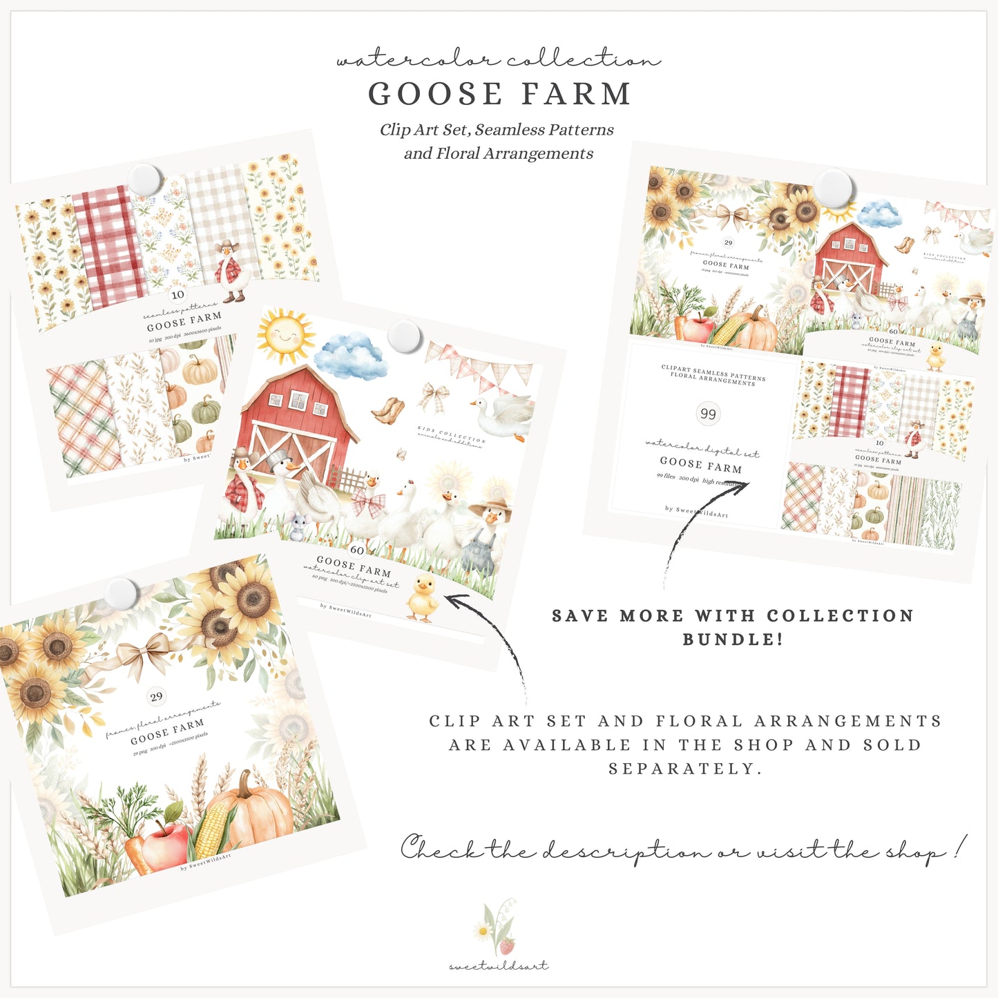Goose Farm - Seamless Patterns, Plaid, Country Pumpkin, Sunflowers | 10 JPEG