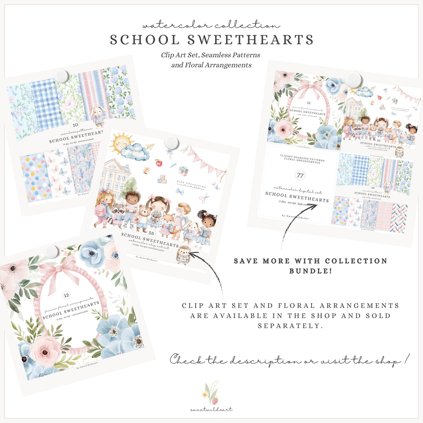 School Sweethearts - Back to School Seamless Patterns, Grandmillennial, Florals | 10 JPEG