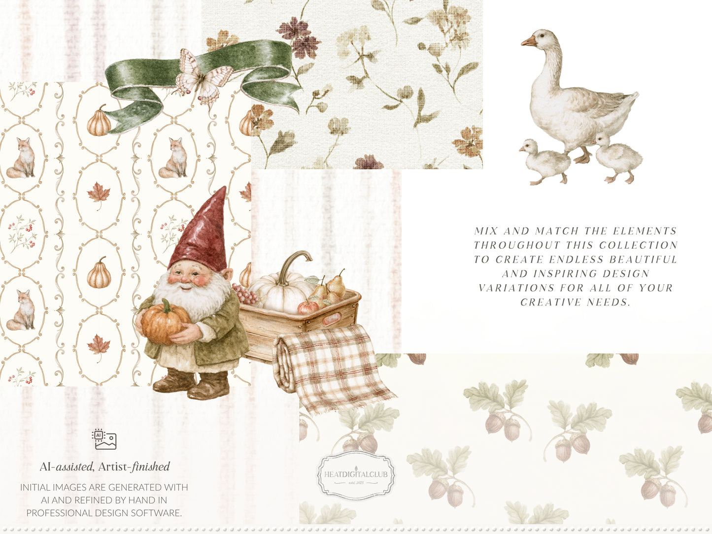 Autumn Menagerie - Watercolor Fall Clipart and Seamless Patterns Bundle, Rustic Garden Graphics | 90 PNG/JPEG