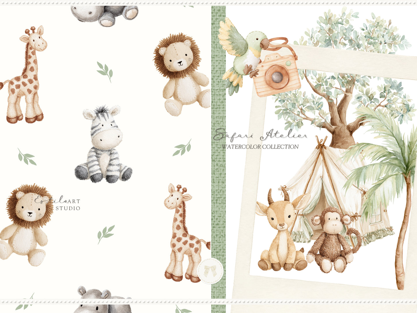 Safari Atelier - Watercolor Safari Clipart, Nursery Safari Animals Clipart, Plush Toys | 108 PNG/JPEG
