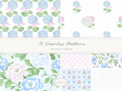 Grandmillennial Set 5 - Seamless Patterns, Pastel Floral, Stripes, Plaid, Pink & Blue Digital Repeating Pattern | 14 JPEG