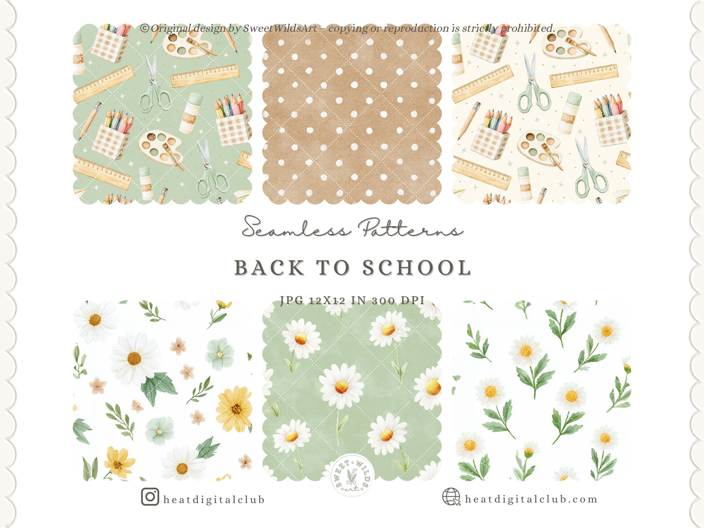 Back To School - Watercolor Seamless Patterns, Neutral School Supplies Digital Paper | 14 JPEG