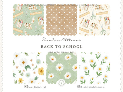 Back To School - Watercolor Seamless Patterns, Neutral School Supplies Digital Paper | 14 JPEG