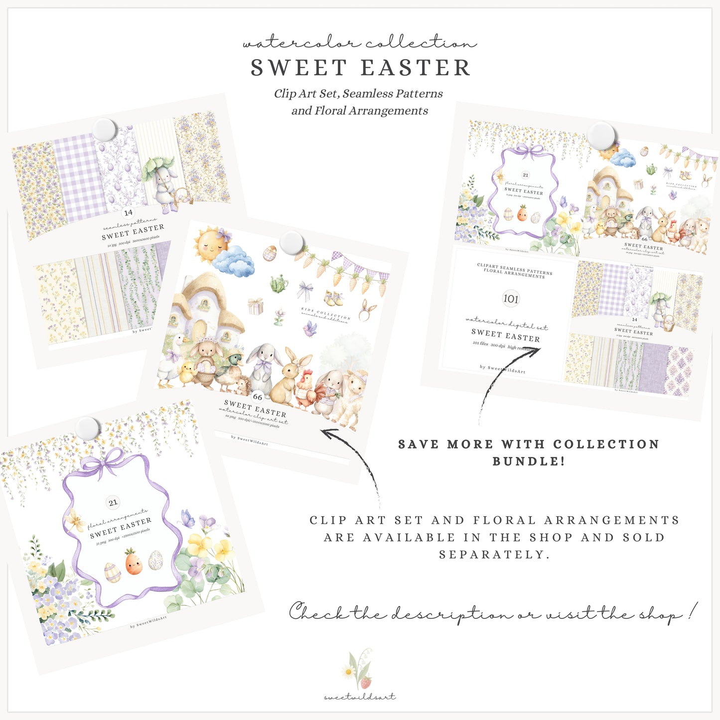 Sweet Easter - Seamless Patterns, Light Purple & Yellow Gingham, Stripes, Pastel Spring | 14 JPEG