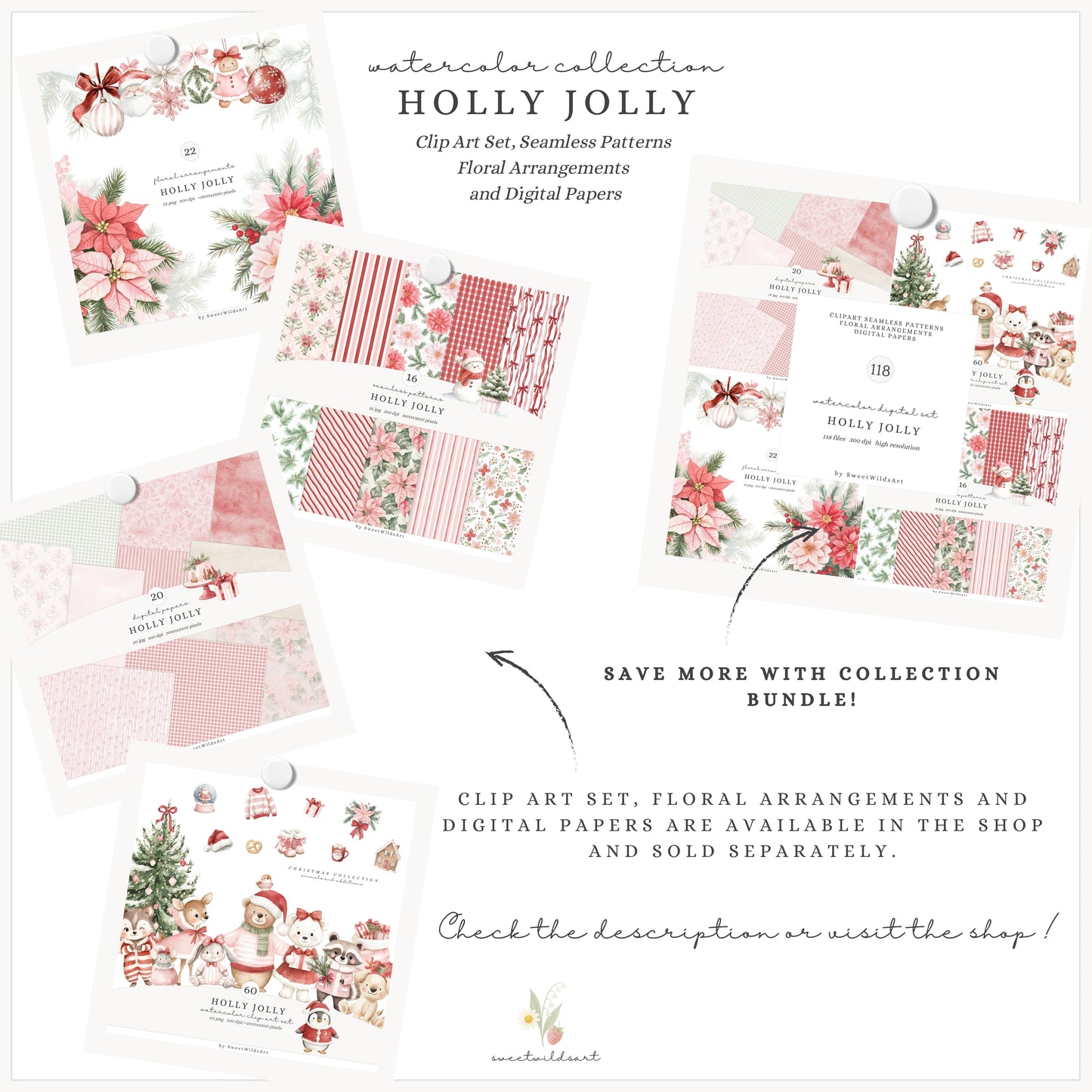 Holly Jolly - Christmas Seamless Patterns, Pink & Red Stripes, Holiday ,Winter | 16 JPEG