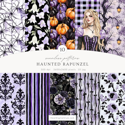 Haunted Rapunzel - Watercolor Seamless Patterns, Fairytale Gothic Halloween | 10 JPEG
