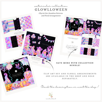 Glowlloween - Neon Seamless Halloween Patterns,Cute Ghost & Pumpkin | 10 JPEG