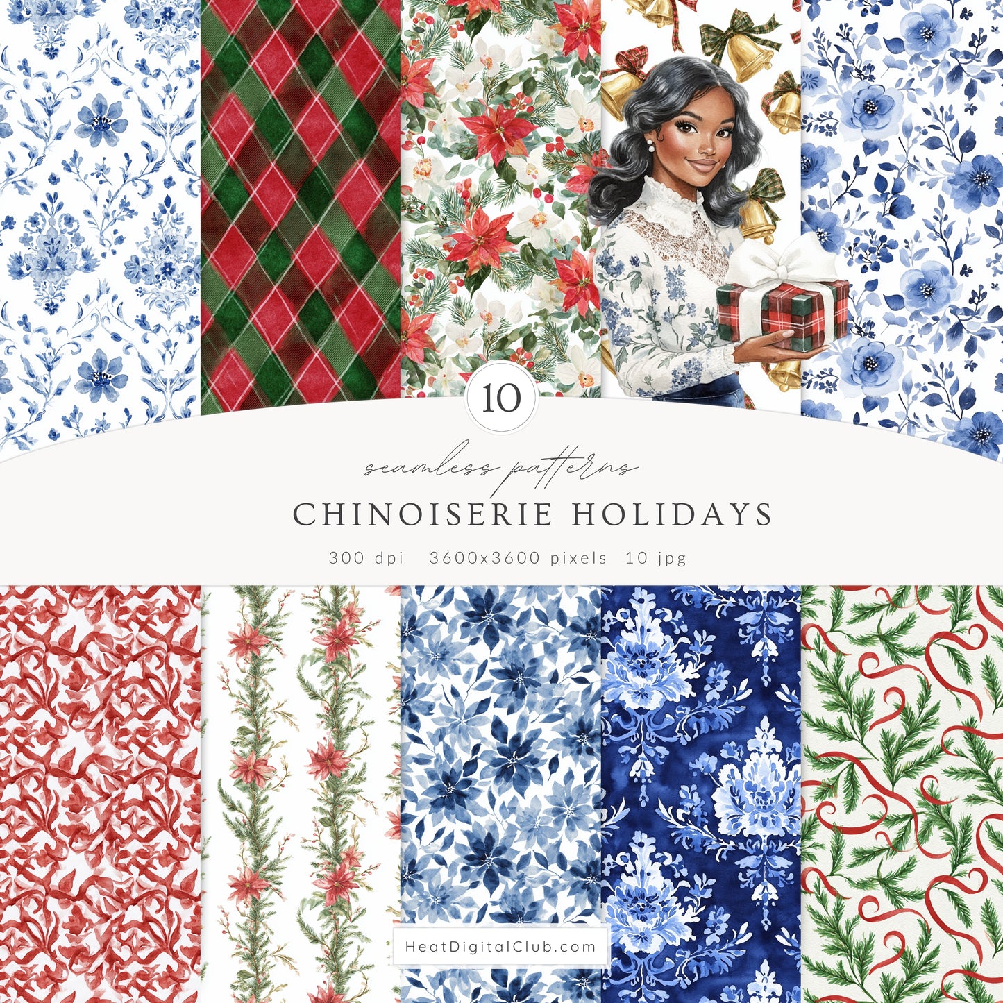 Chinoiserie Holidays - Collection Bundle, Christmas, Tartan,  Grandmillennial  | 96 PNG/JPEG