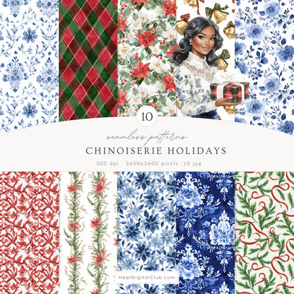 Chinoiserie Holidays - Collection Bundle, Christmas, Tartan,  Grandmillennial  | 96 PNG/JPEG