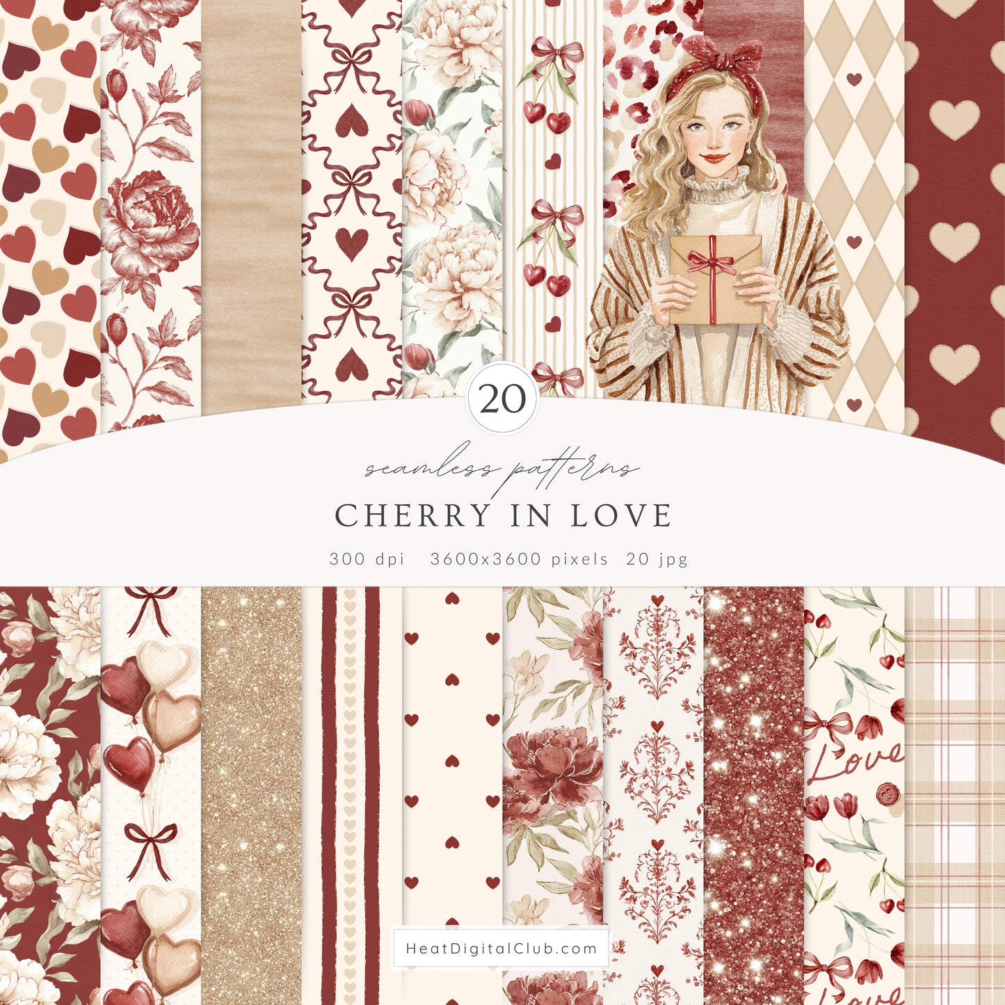 Cherry in Love - Valentine's Day Clipart Bundle, Cute Animals, Hearts, Bows, Romantic | 115 PNG/JPEG