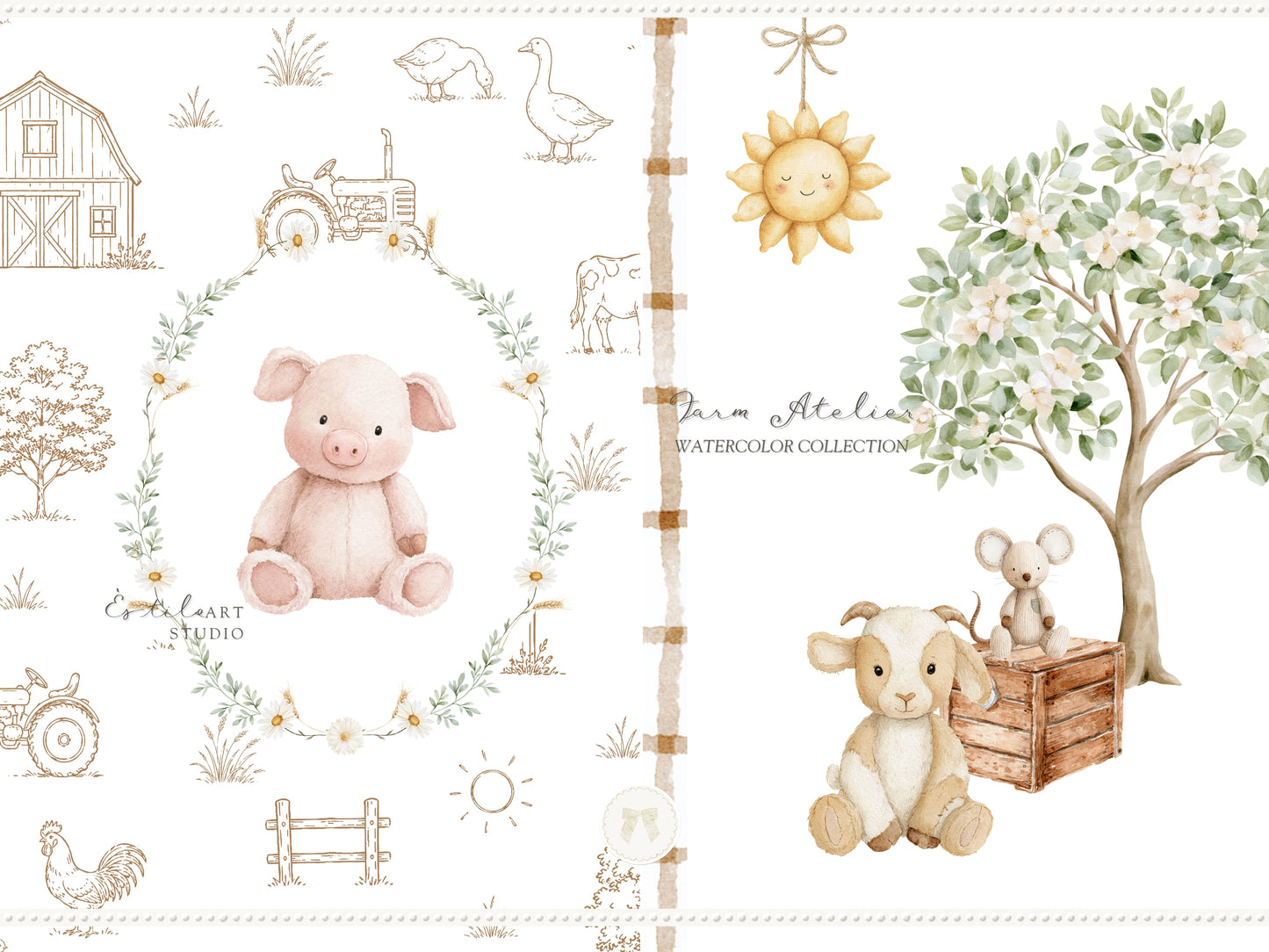 Farm Atelier - Clipart, Heirloom Nursery, Vintage Barn Animals, Farmhouse Baby Shower, Cottage Farm Seamless Patterns | 104 PNG/JPEG