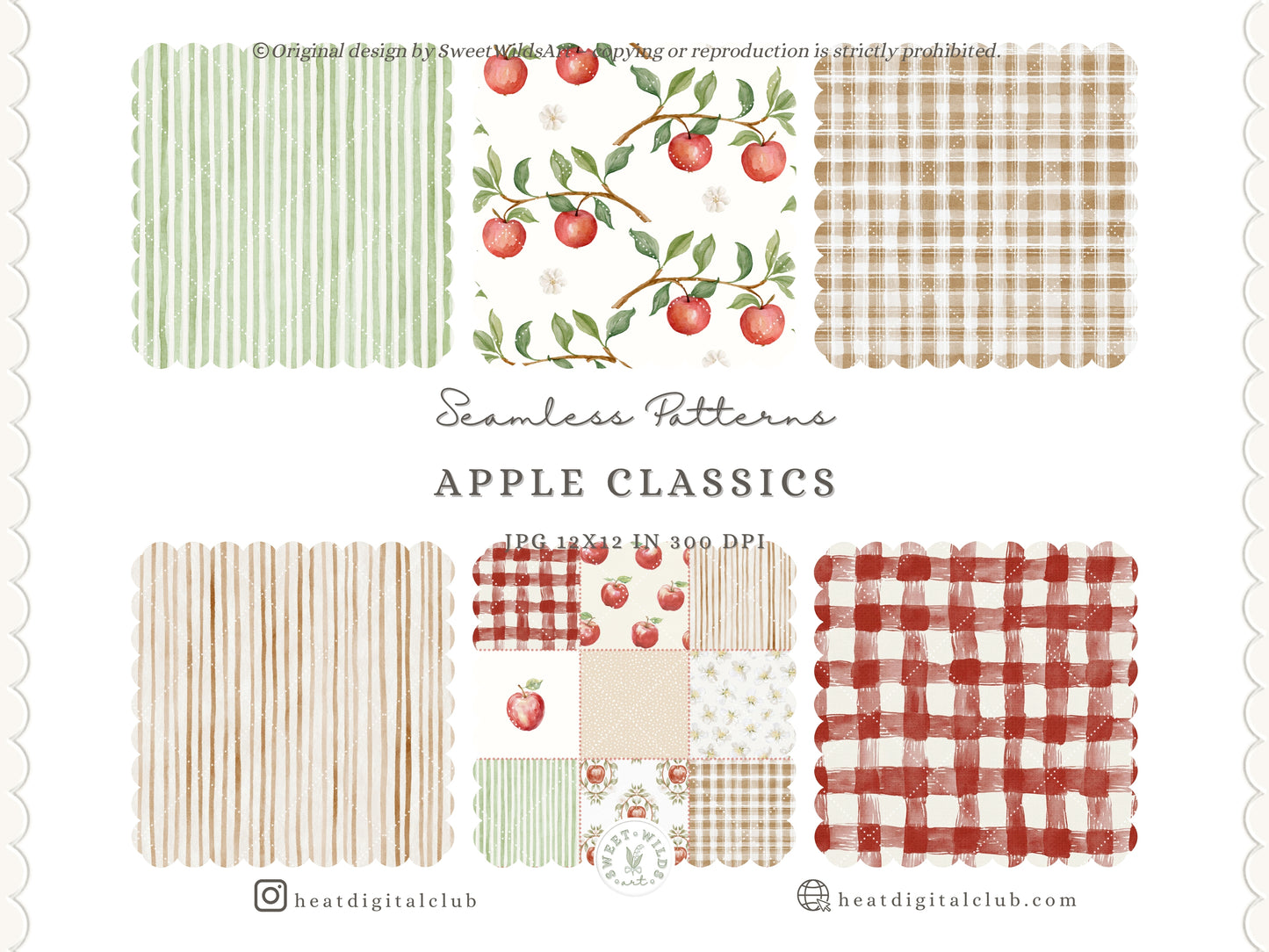 Apple Classics - Seamless Patterns, Apple Orchard Digital Paper, Gingham Pattern, Nursery Scrapbook Paper | 10 JPEG