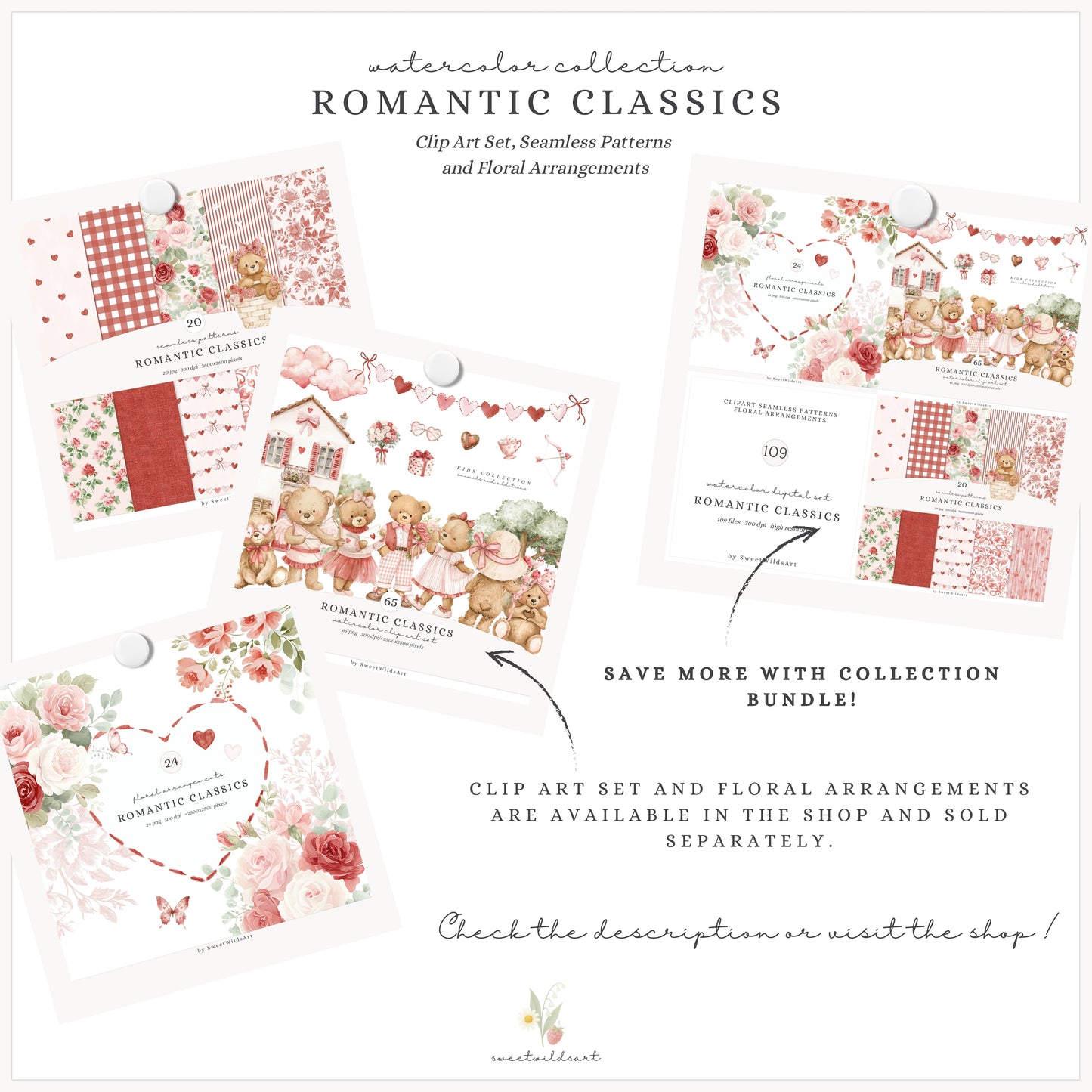 Romantic Classics - Seamless Patterns, Valentine's Day, Gingham Hearts Floral, Love | 20 JPEG