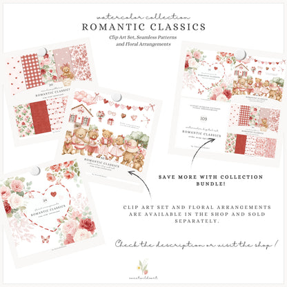 Romantic Classics - Seamless Patterns, Valentine's Day, Gingham Hearts Floral, Love | 20 JPEG