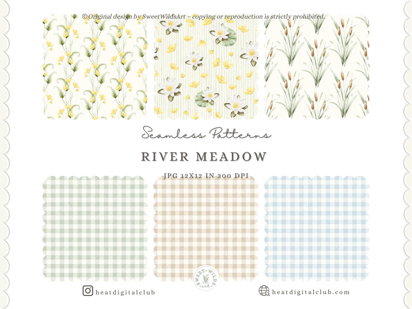 River Meadow - Seamless Patterns, Gingham, Stripes, Floral Pattern, Cottage, Summer Spring | 20 JPEG