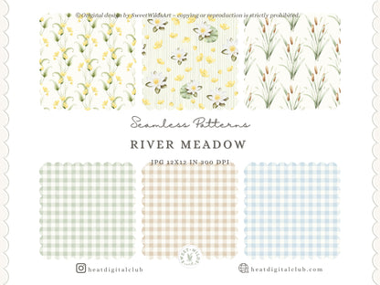 River Meadow - Seamless Patterns, Gingham, Stripes, Floral Pattern, Cottage, Summer Spring | 20 JPEG