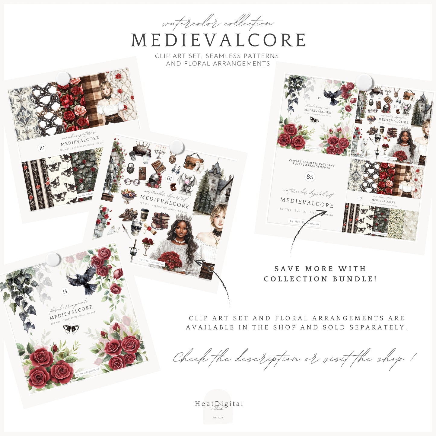 Medievalcore - Gothic Patterns, Red Roses Plaid Chains | 10 JPEG