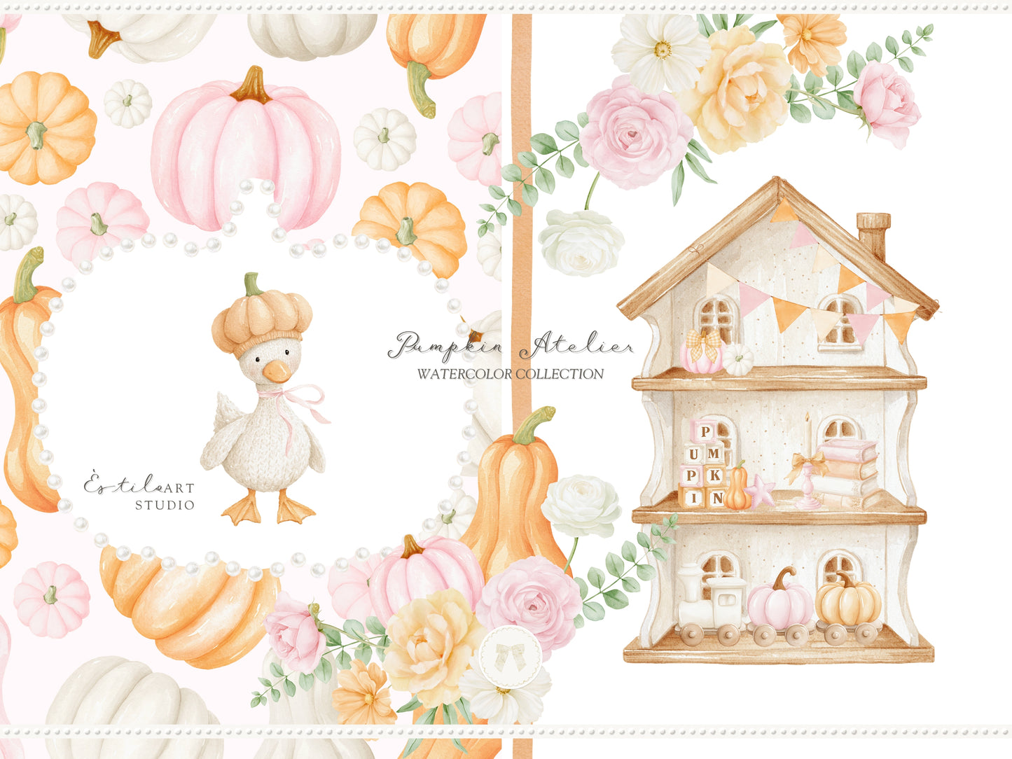 Pumpkin Atelier - Clipart, Fall Autumn Baby Shower, Little Pumpkin Birthday, Girl Fall, Seamless Patterns | 121 PNG/JPEG