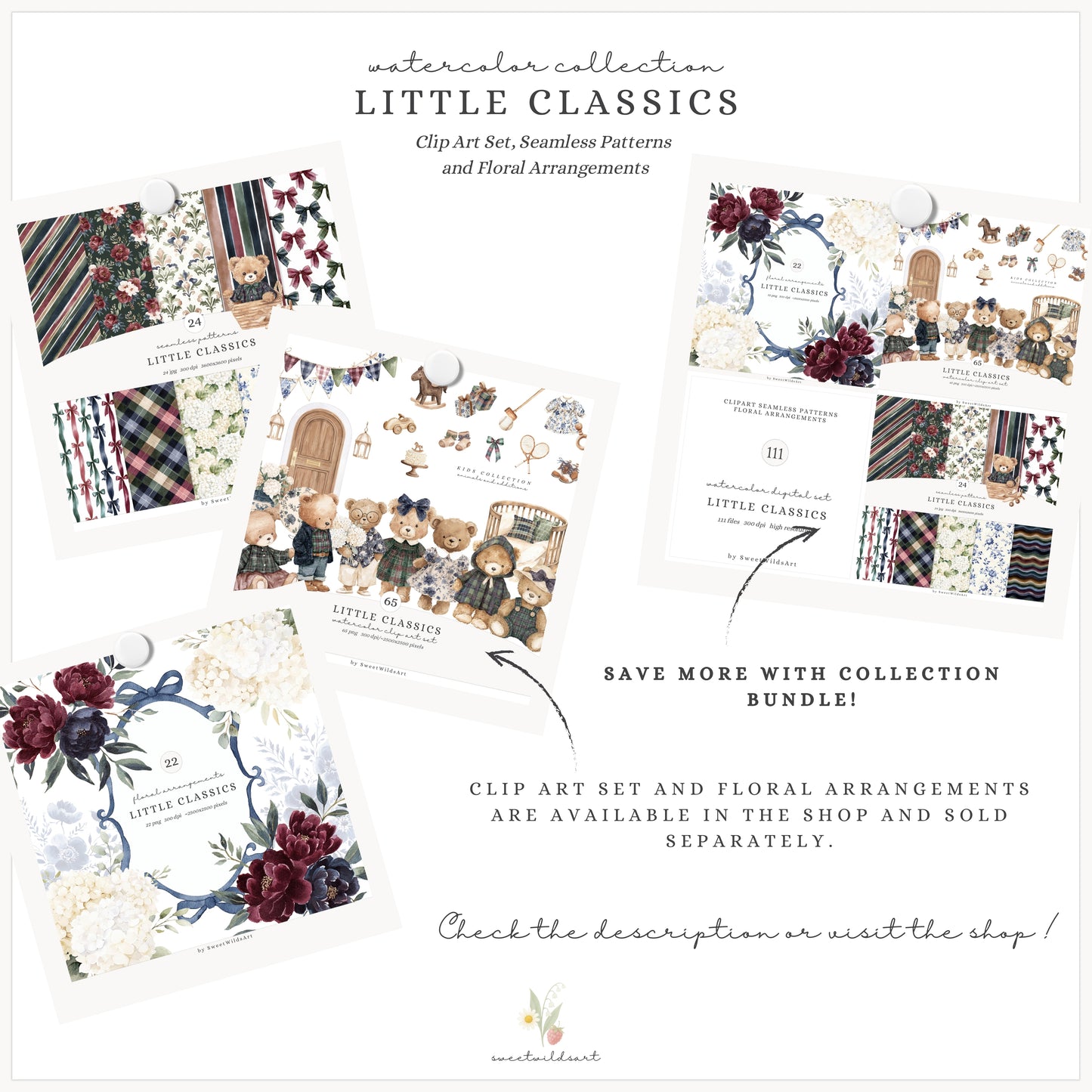 Little Classics - Watercolor Seamless Patterns, Grandmillennial Floral Hydrangea | 24 JPEG