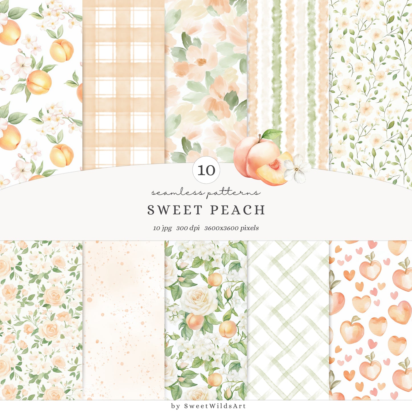 Sweet Peach - Seamless Patterns, Gingham, Cute Summer, Blossoms | 10 JPEG