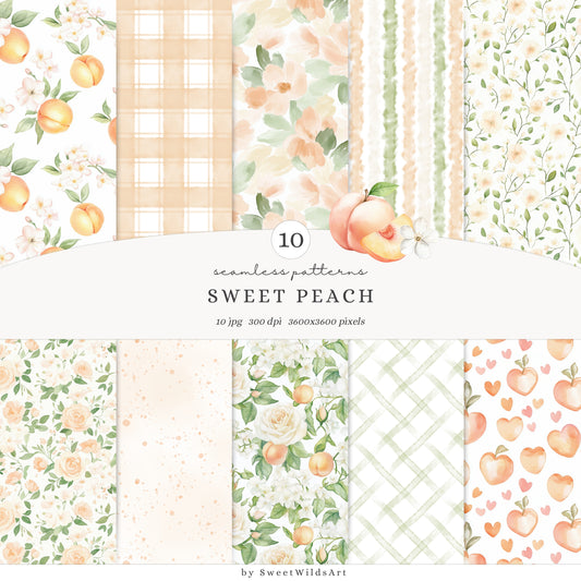 Sweet Peach - Seamless Patterns, Gingham, Cute Summer, Blossoms | 10 JPEG