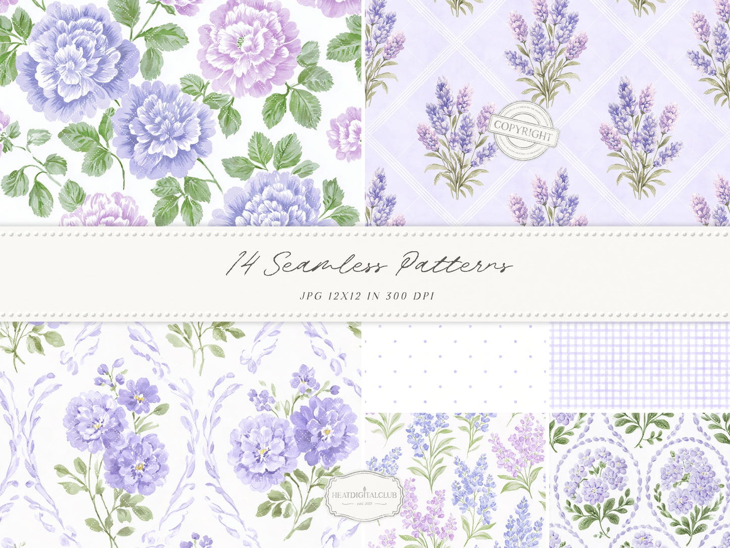 Grandmillennial Set 7 - Seamless Patterns, Lavender Floral, Purple Stripe, Plaid, Elegant Botanical Patterns | 14 JPEG
